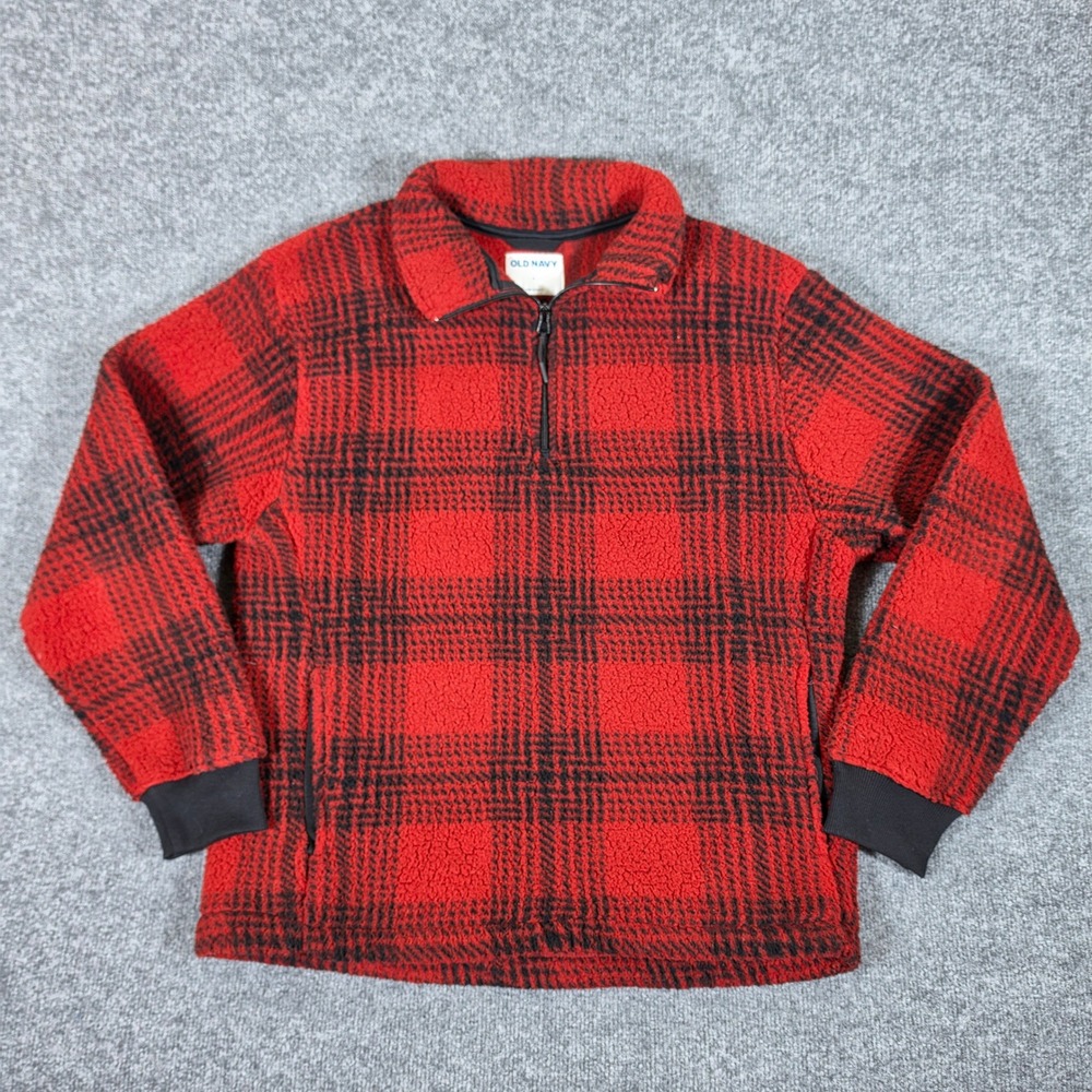 Old Navy Mens Large Red Black Plaid Fleece 1/4 Zip Pullover Jacket Mock Neck